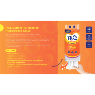 (2 ลัง 12 หิ้ว) Nice ไนซ์ บอตทอม พูล กระดาษอเนกประสงค์แบบแขวนผนัง หนา 4 ชั้น 250 แผ่น (แถมตะข้อ) (ทิชชู่ กระดาษทิชชู่)