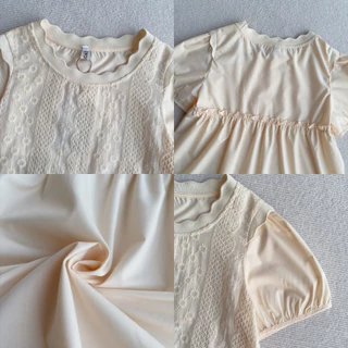 Glucoat | [A615/A822] เสื้อแขนสั้น คอกลมแต่งหยัก แต่งลายเทปฉลุ หน้าสั้นหลังยาว ด้านหลังเป็นสม็อก