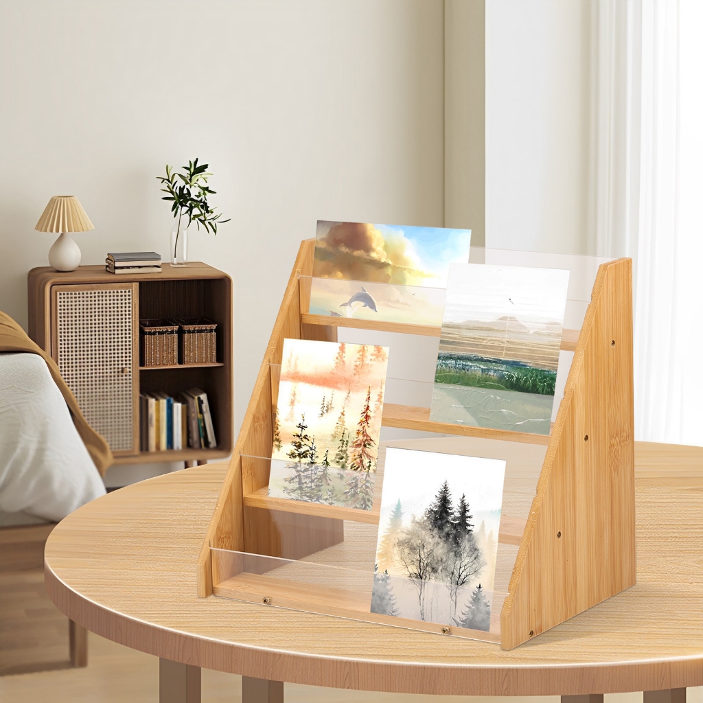 Card Display Stand Greeting Card Display 4 Tier Bamboo and Acrylic Card Stand Multifunctional Easy t
