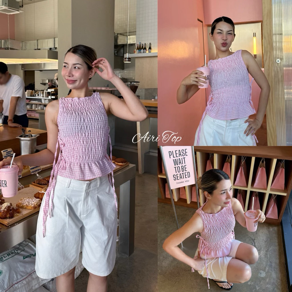 Airii Top เสื้อแขนกุด สม้อกรอบตัว แต่งโบว์ด้านข้าง
