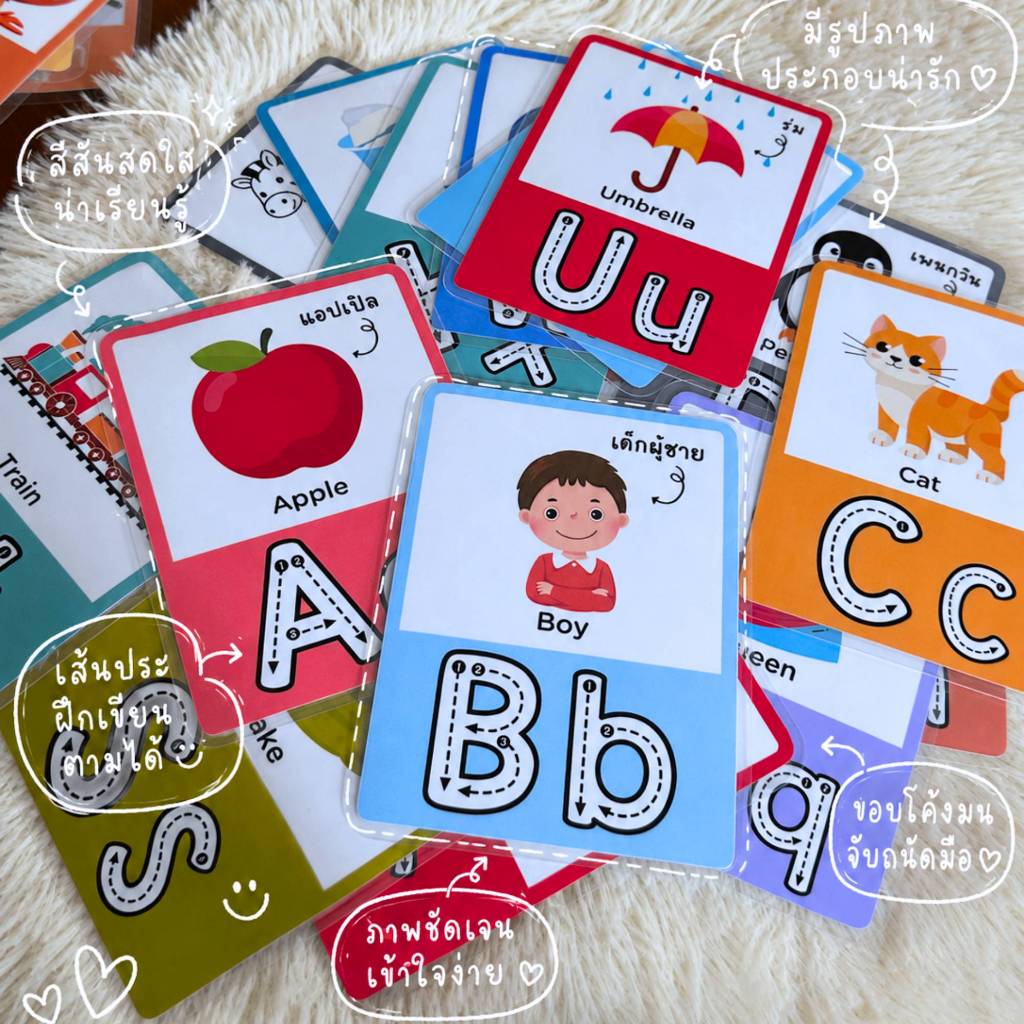 แฟลชการ์ด Flash card A-Z คำศัพท์ คำแปล บัตรคำศัพท์เด็ก ภาษาอังกฤษ-ไทย ภาพสีสดใส มุมมนปลอดภัย สื่อการสอนอนุบาล เคลือบร้อน