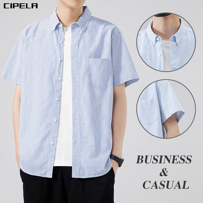 CIPELA เสื้อเชิ้ตผู้ชาย แขนสั้น OXFORD ลายทางเสื้อผู้ชาย เสื้อเชิ้ตแขนสั้น ผ้าดีที่สุด นุ่มสบายทนทานและติดทนนาน