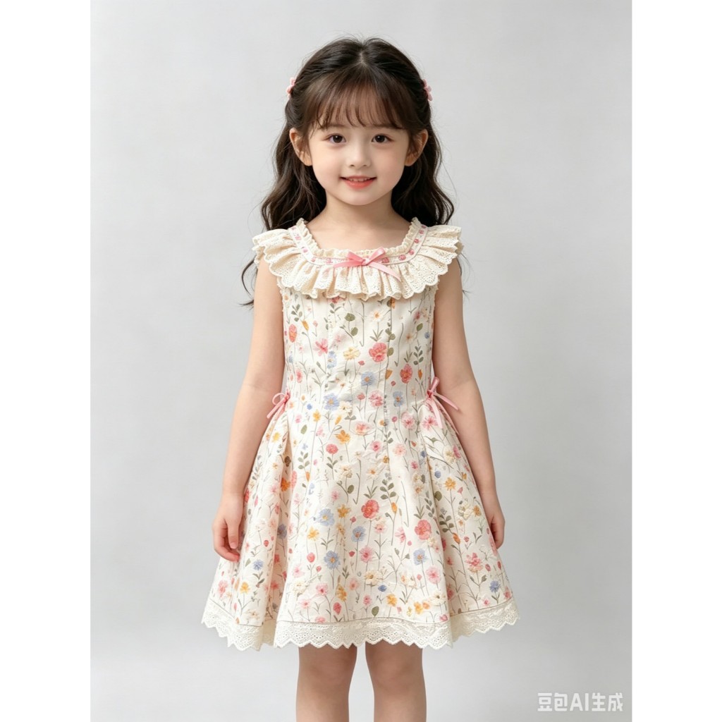 BB298 เดรสเด็กผู้หญิง ไม่มีแขน ลายดอกไม้ รูปที่ 3