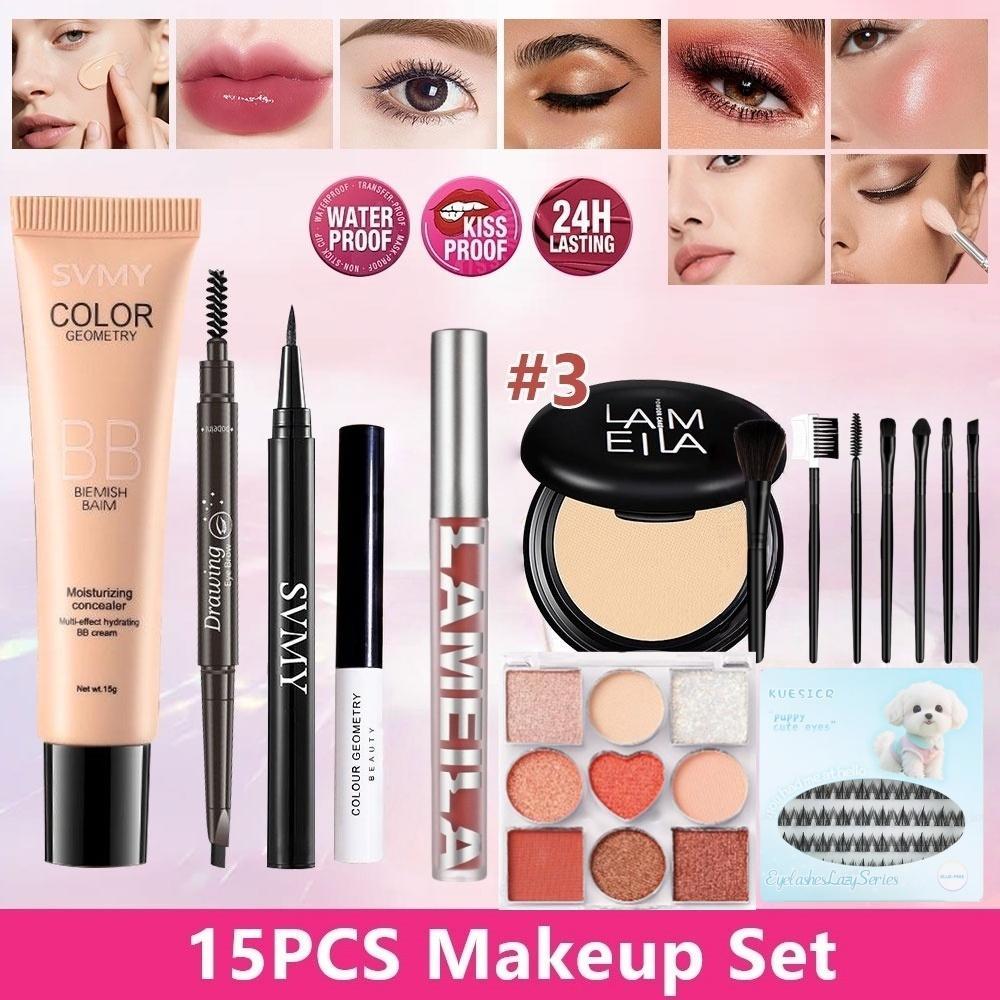 12-15pcs set เซ็ตเครื่องสำอางครบชุด BB ครีม+ดินสอเขียนคิ้ว+อายไลเนอร์+มาสคาร่า+ลิปกลอส+แป้งฝุ่น+อายแชโดว์+แปรงแต่งหน้า