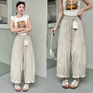 Reallyshops #9503(K) กางเกงจินนี่ขายาว ลายดอกไม้น่ารัก เอวยางยืด ผู้หญิง พร้อมส่ง