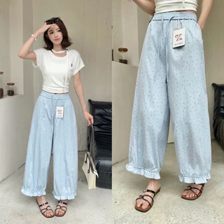 Reallyshops #9503(K) กางเกงจินนี่ขายาว ลายดอกไม้น่ารัก เอวยางยืด ผู้หญิง พร้อมส่ง