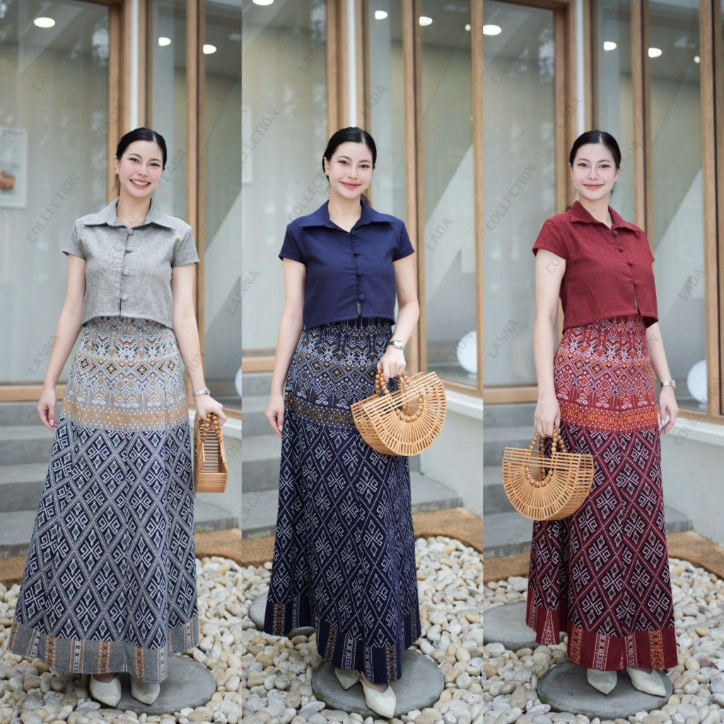 เซ็ทลายขอรอบเพชรเสื้อคอปกและกระโปรงทรง8ชิ้นผ้าฝ้ายพิมพ์ลายV.2
