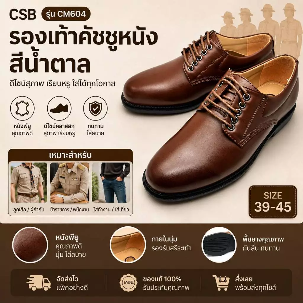 CSBและ Alando รองเท้าลูกเสือ สีน้ำตาล ไซส์ 39-45