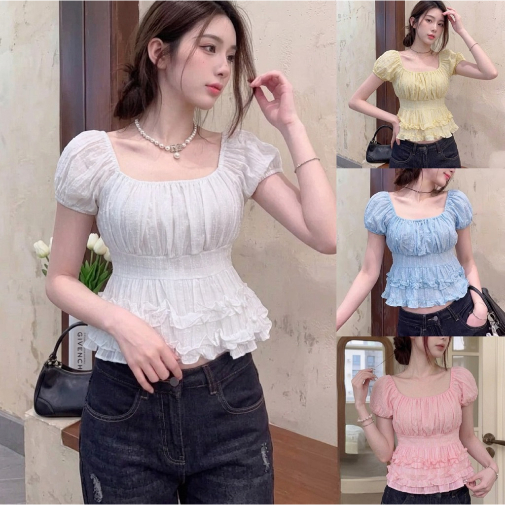 (อก28-42) เสื้อคอยูแขนตุ๊กตาผ้าโรซี่พิมพ์ลาย สม็อคเก็บเอวพรางหุ่นสุดๆ
