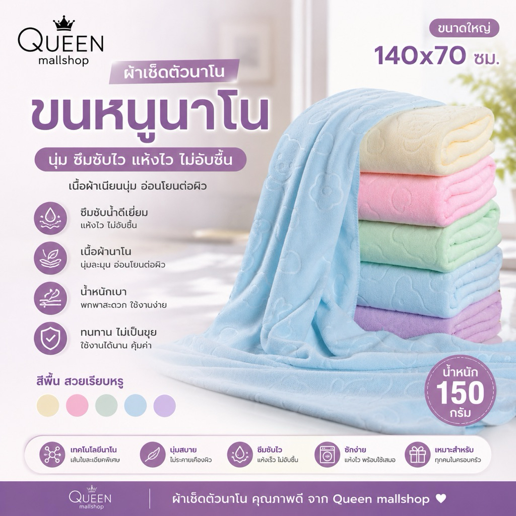 140*70ซม. ผ้าเช็ดตัว สีพื้น ปั้มลาย ช็ดตัวนาโน ขนหนูนาโน ขนหนู （150กรัม）HS9