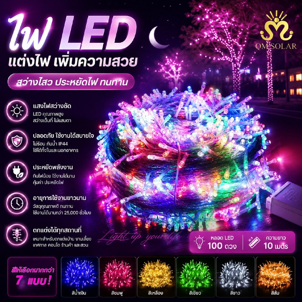 ไฟประดับ LED 100 ดวง ยาว 10 เมตร ปรับได้ 8 โหมด กันน้ำ IP44 ไฟตกแต่งห้อง สวน และงานเทศกาล