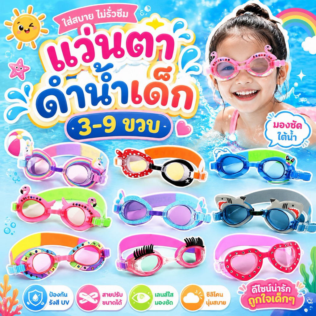 แว่นตาดำน้ำเด็ก Fancy cartoon สำหรับ 3-9ขวบ (แว่นอย่างเดียว)