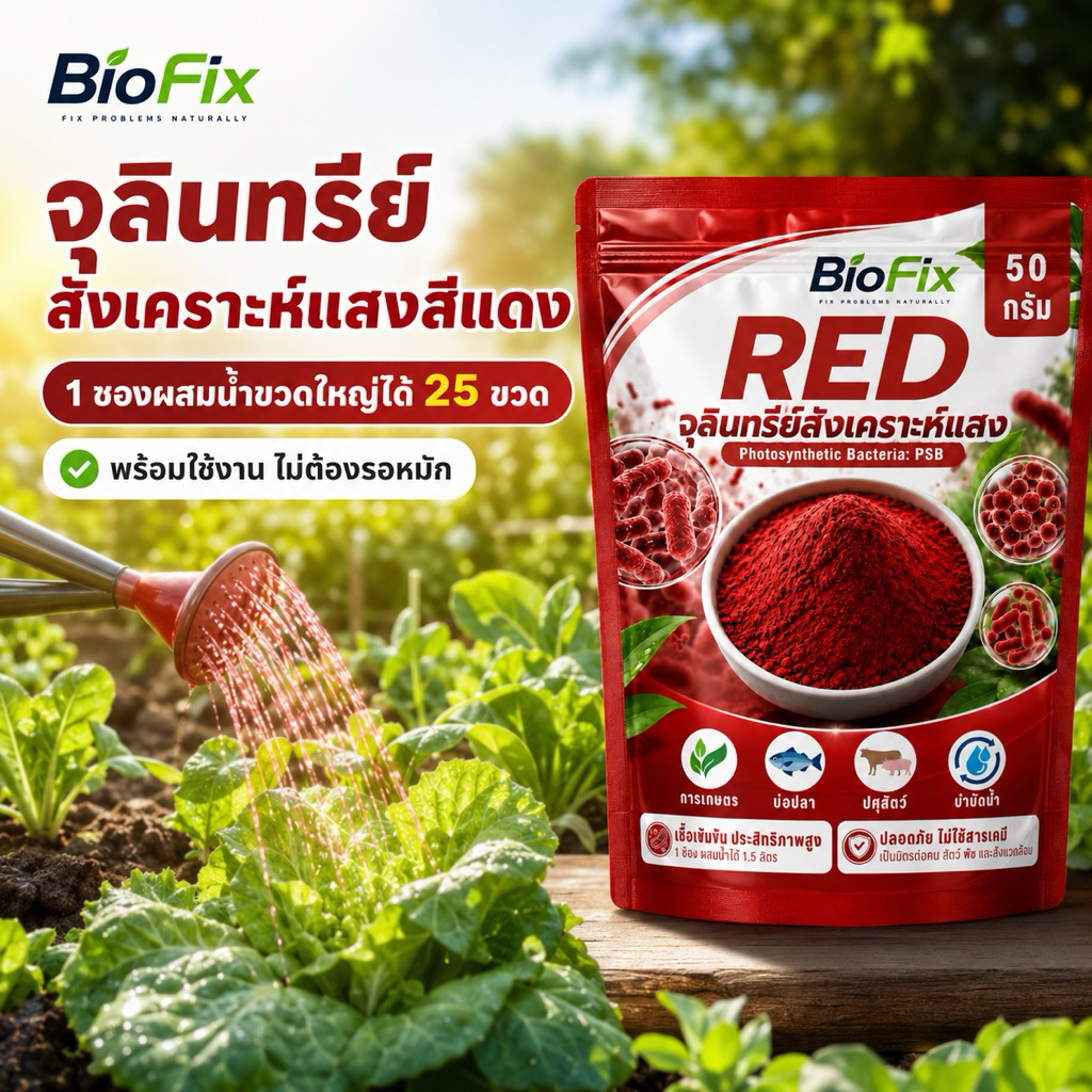 BioFix RED จุลินทรีย์สังเคราะห์แสงสีแดง PSB 1 ซองผสมน้ำได้ 25 ขวดใหญ่ เร่งราก บำรุงพืช พร้อมใช้ 50g.