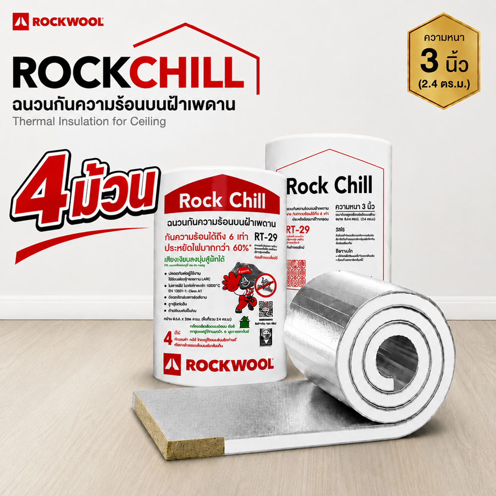 (แพ๊ค 4ม้วน จำกัดต่อ 1คำสั่งซื้อ) Rockwool Rockchill ฉนวนกันความร้อนวางบนฝ้าเพดาน ฉนวนกันร้อนใต้หลังคา 0.6 x 4 เมตร