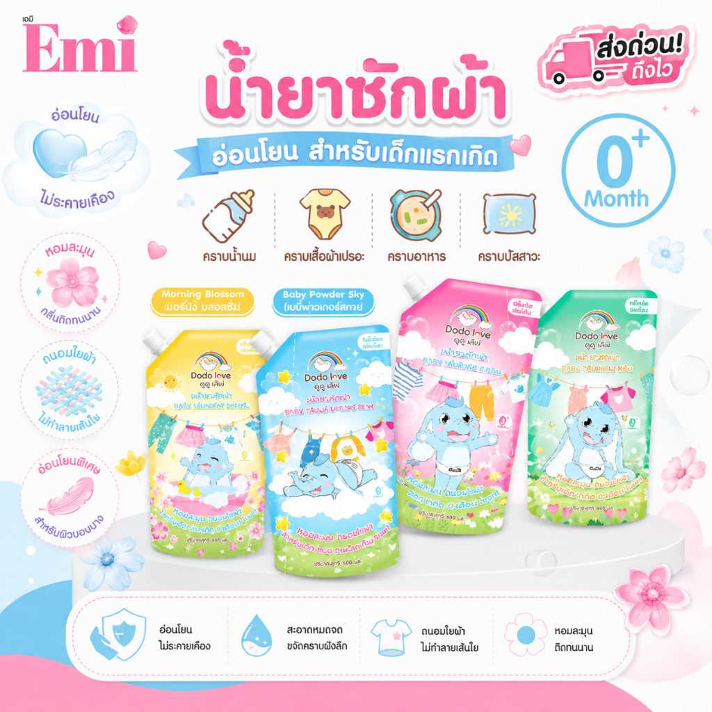 DODOLOVE ส่งด่วน น้ำยาซักผ้าเด็ก สูตรอ่อนโยน ถุงเติม 600ml ซักผ้า ถนอมใยผ้า ไม่ระคายเคืองผิวลูกน้อย