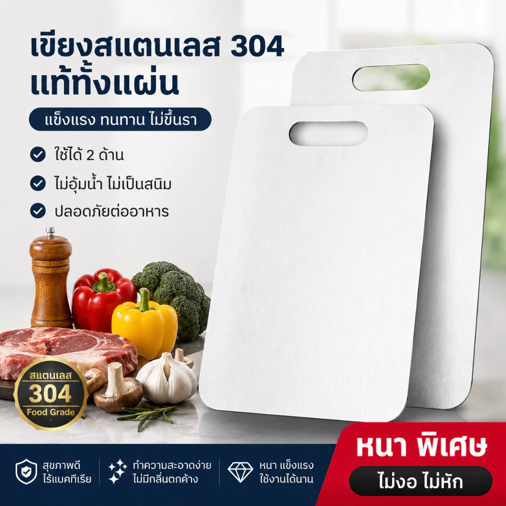 เขียงสแตนเลส 304 หนา ทนทาน ใช้หั่นผัก หั่นเนื้อ ไม่เป็นสนิม ไม่ขึ้นรา ล้างง่าย หลายขนาด
