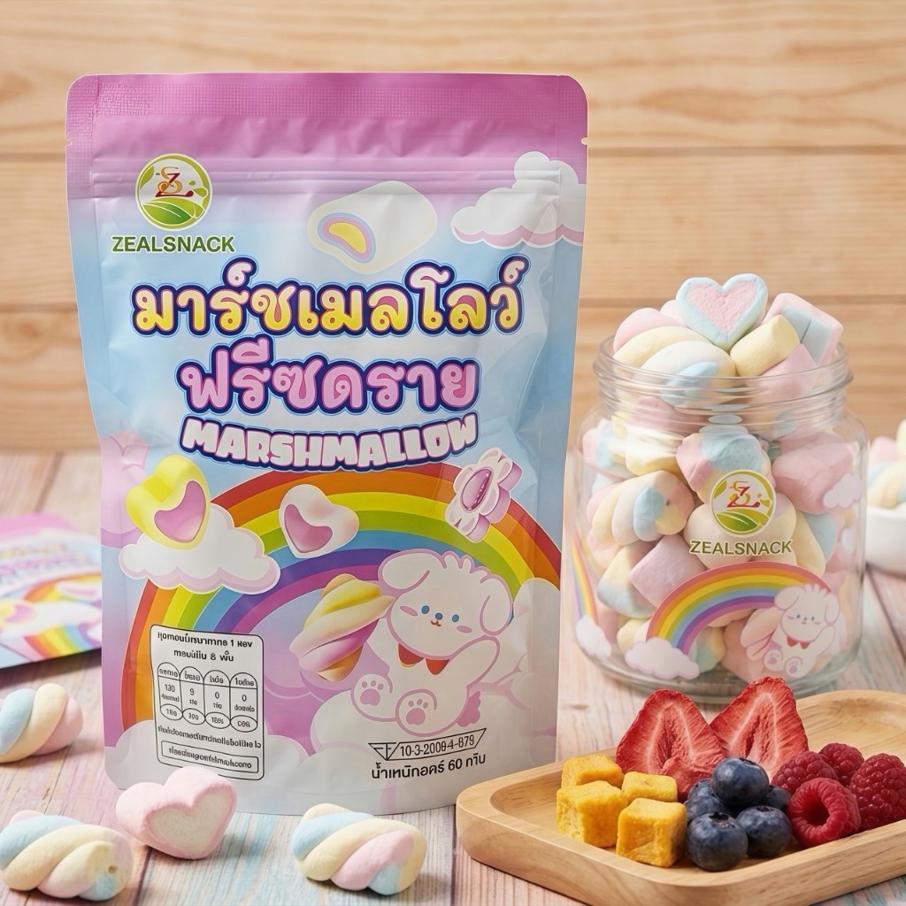 ขนมมาร์ชเมลโลว์กรอบสายรุ้ง 80 กรัม กลิ่นหอมหวาน กรอบอร่อย หลากรสผลไม้ฟินสุดๆ
