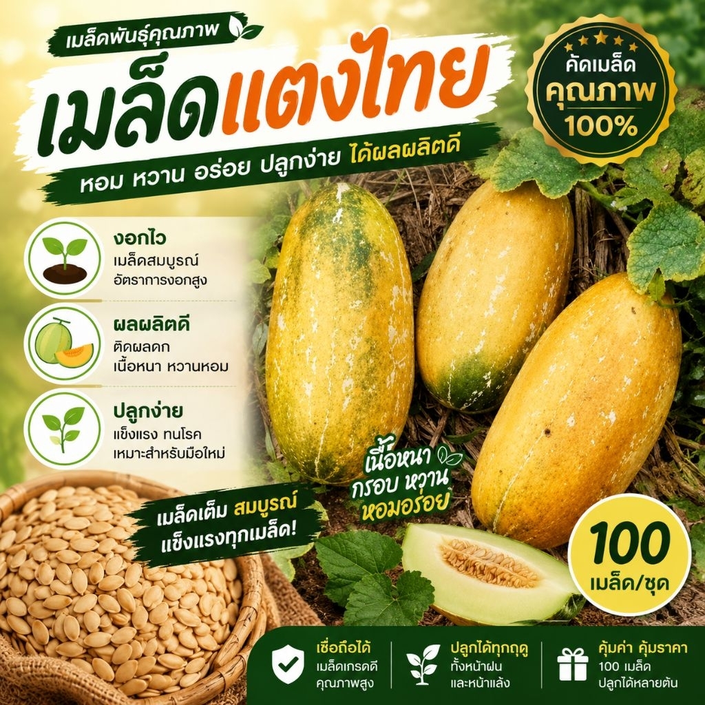 เมล็ดเเตงไทย (ผลรี) 100 เมล็ด หอม หวาน ปลูกง่าย โตไว ผลดก เมล็ดเต็ม สมบูรณ์ อัตราการงอกดี เหมาะปลูกทั้งสวนและปลูกกินเอง