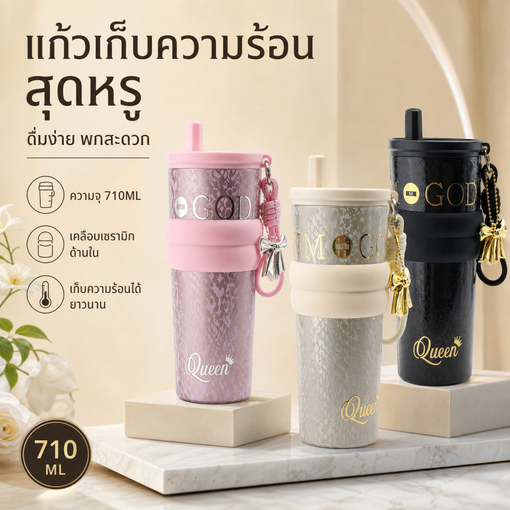 TIETO แก้วน้ำ 710ml แก้วเก็บความร้อน แก้วเก็บความเย็น ยกดื่มได้ รุ่นจำกัด ดีไซน์สวย เหมาะสำหรับคุณผู้หญิง