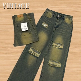 Vintage รุ่น 5079 กางเกงยีนส์ ทรงกระบอก แต่งเฟดขา แต่งขาด สีสนิม ทรงสวยผ้าไม่ยืด