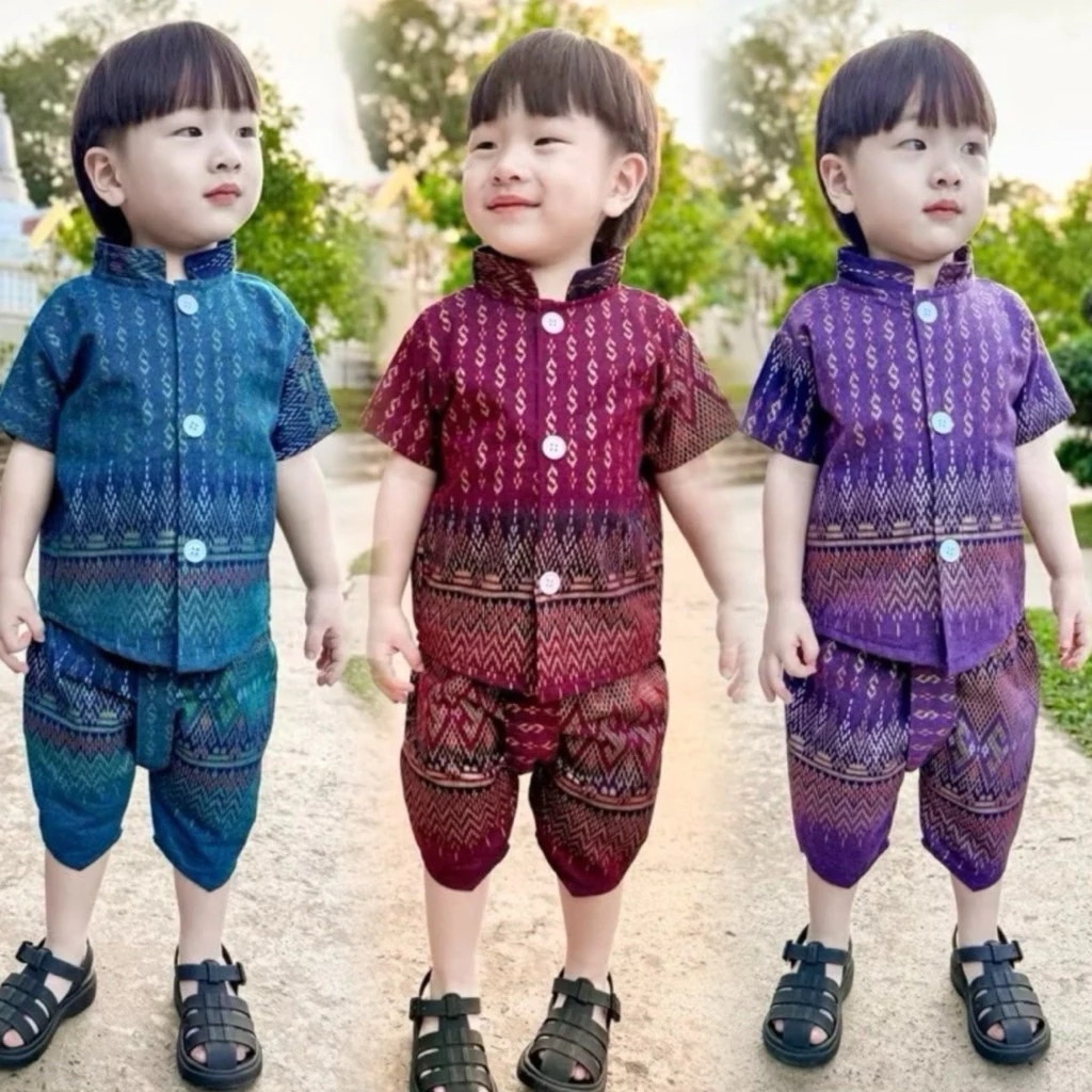ชุดไทยประยุกต์เด็กผู้ชาย รุ่นตะขอเล็กคอจีน(แถมผ้าคาดเอว) +1 ไซส์