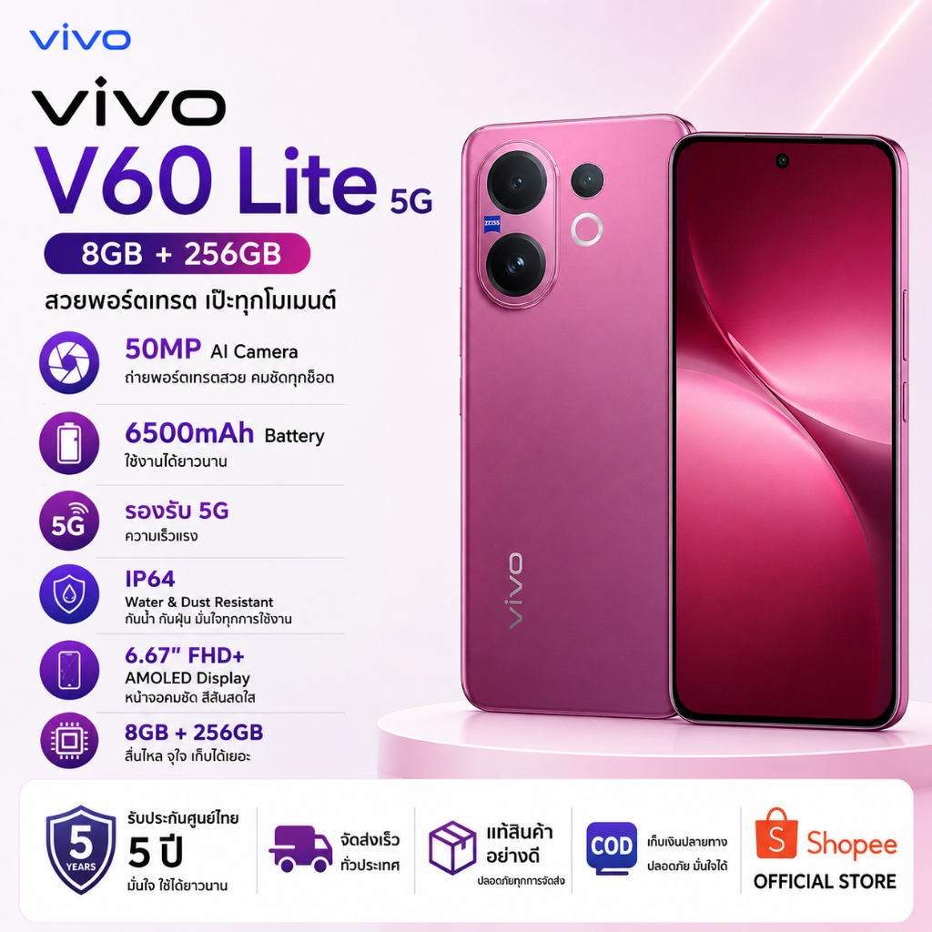 vivo V60 Lite 5G (8GB+256GB) เป็นสมาร์ทโฟน 5G ที่มาพร้อมแบตเตอรี่ 6500mAh กล้อง 50MP และหน้าจอ AMOLED