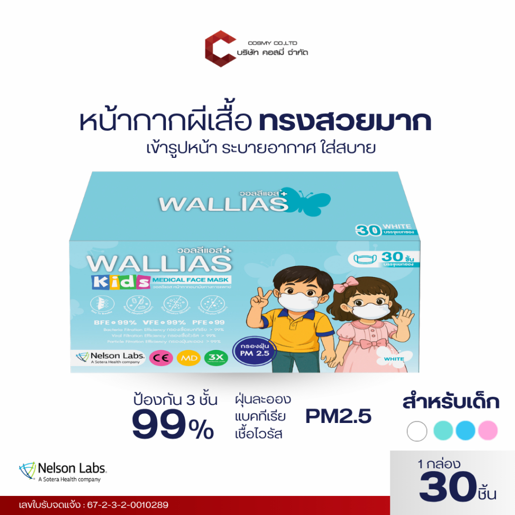 หน้ากากอนามัยเด็ก WALLIAS KIDS Butterfly Medical Face Mask หนา 3 ชั้น BFE/VFE/PFE>99% ระบายอากาศได้ดี 1กล่อง30ชิ้น