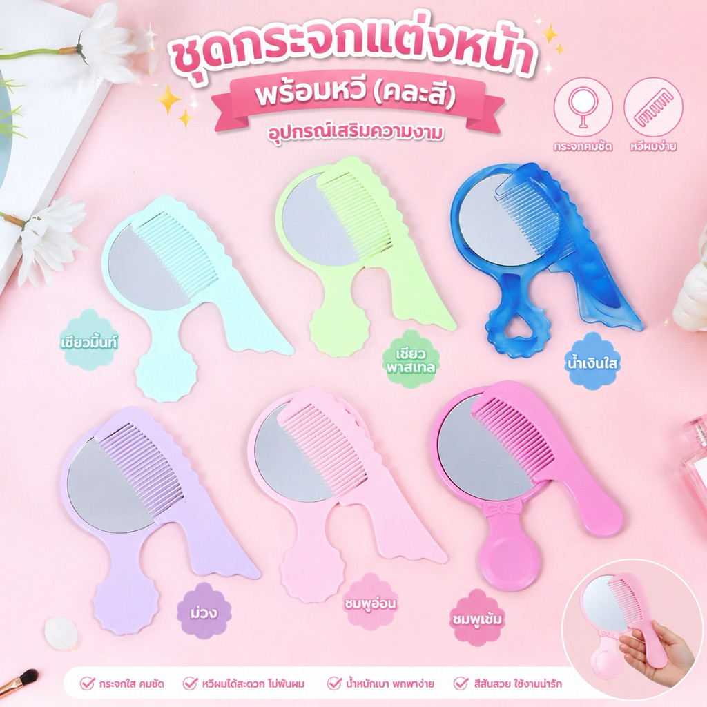 ชุดกระจกแต่งหน้าพร้อมหวี (คละสี)  อุปกรณ์เสริมความงาม