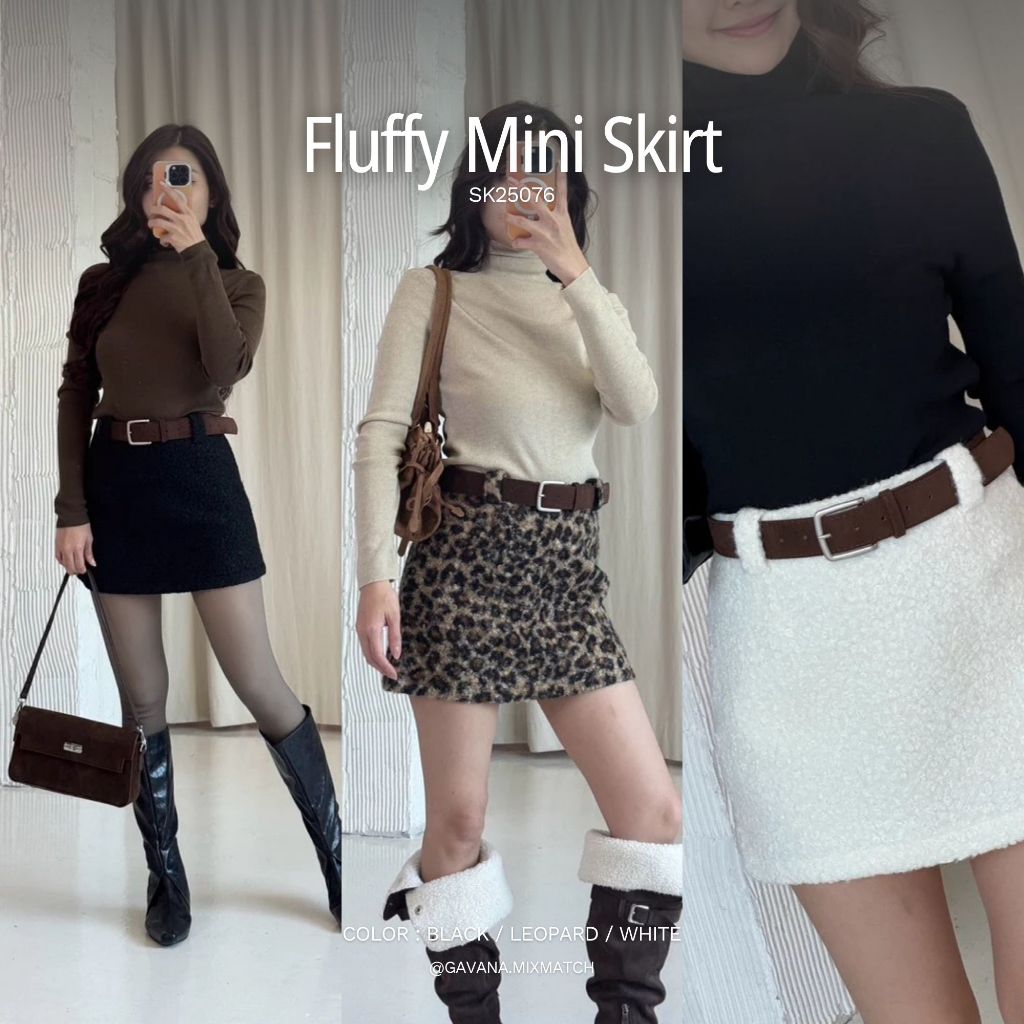 GAVANA Fluffy Mini Skirt-กระโปรงขนปุยๆ + เข็มขัด #SK25076