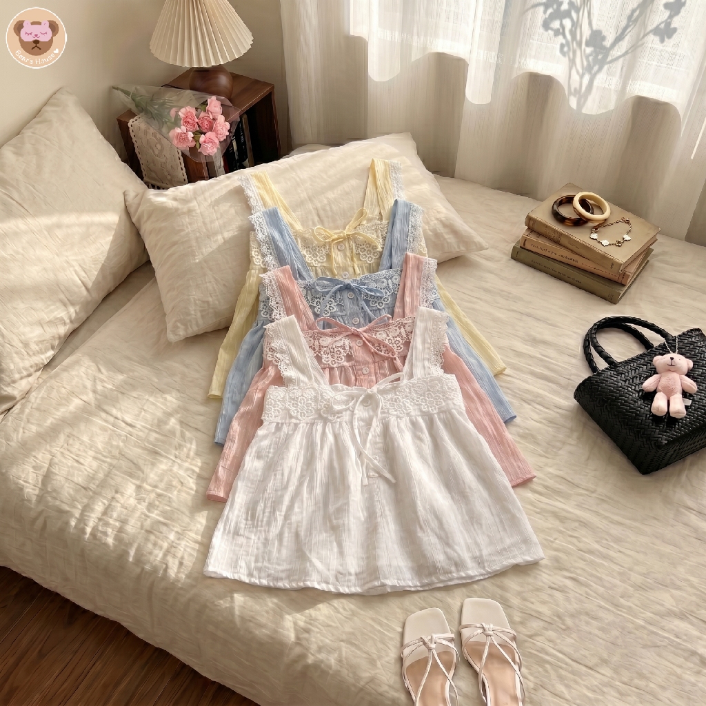 Lula Lace Top สายเดี่ยวสายลูกไม้ ผ้าโรซี่ เเต่งลูกไม้ช่วงอก  ดีเทลเเต่งกระดุมดอกไม้ช่วงอก