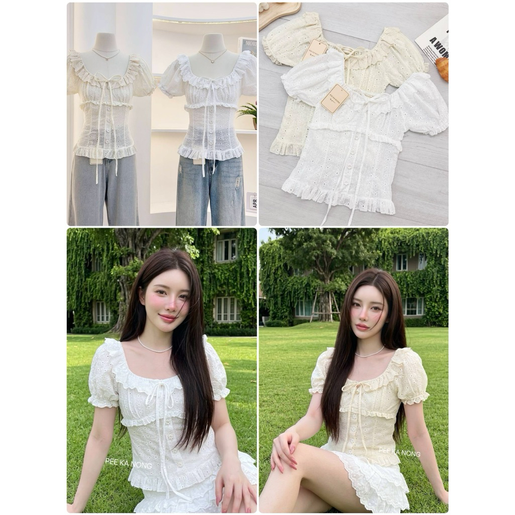 💖New Collection🐭Pee Ka Nong🐭 เสื้อระบายคอแต่งผูกอกลูกไม้ฉลุทั้งตัวกระดุมหน้าระบายดีเทลแขนตุ๊กตาคิวท์ๆ ด้านหลังมีสมอค