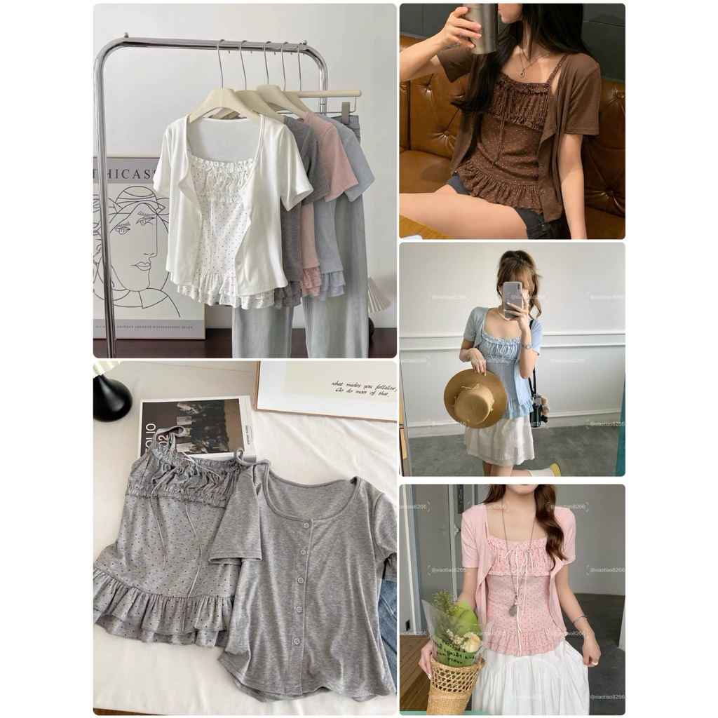 ✅รุ่นแขนสั้น✅ Set 2 pcs. เสื้อสายเดี่ยวผ้าลายจุด แต่งระบายชายเสื้อ มาพร้อมเสื้อคลุมแขนสั้นติดกระดุมด้านหน้า เนื้อผ้านิ่ม