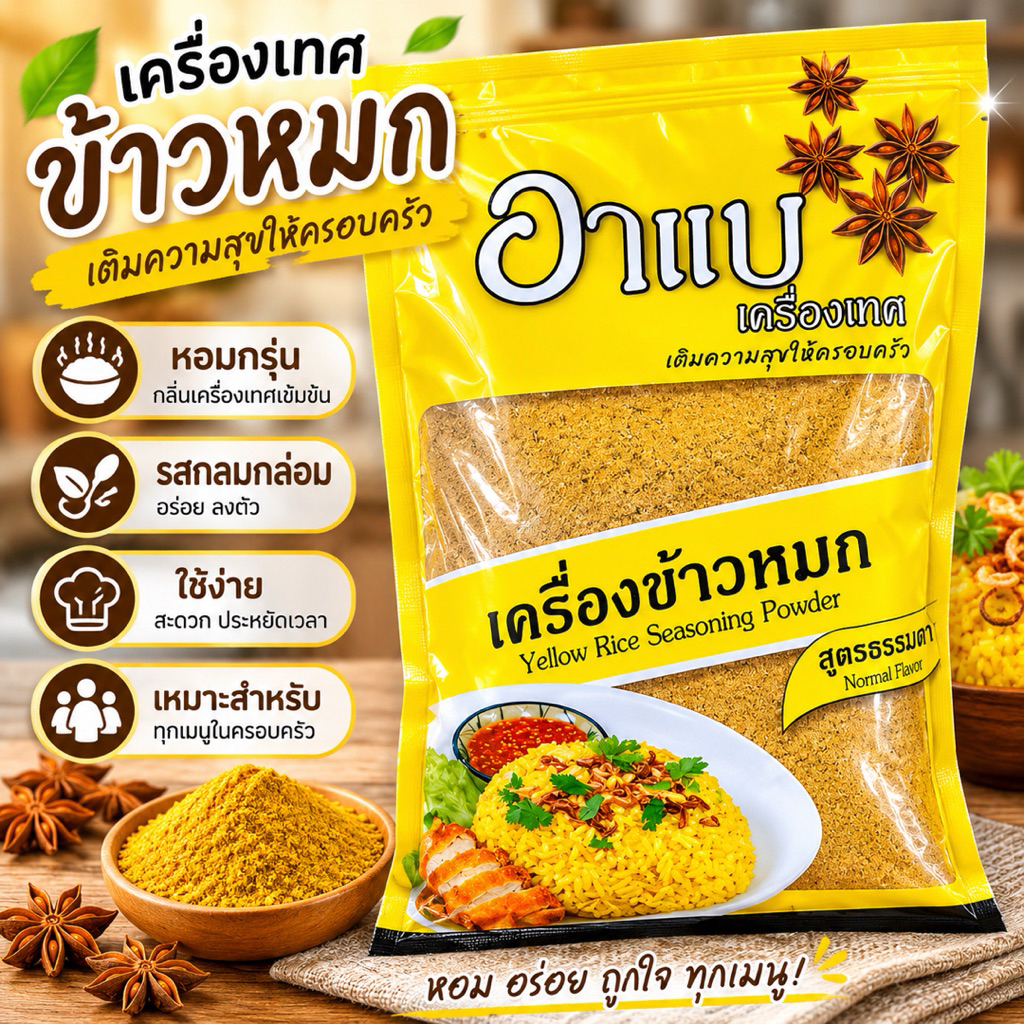 เครื่องข้าวหมกเหลือง “อาแบ” สูตรธรรมดา ผลิตจากเครื่องเทศคุณภาพดี บดละเอียด หอมกลิ่นเครื่องเทศแท้