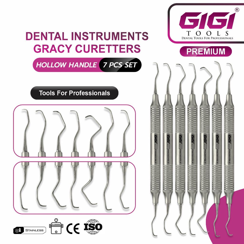 GIGI TOOLS Gracey Curates Set of 7, Periodontal, Stainless Steel Hollow Handles with French Points