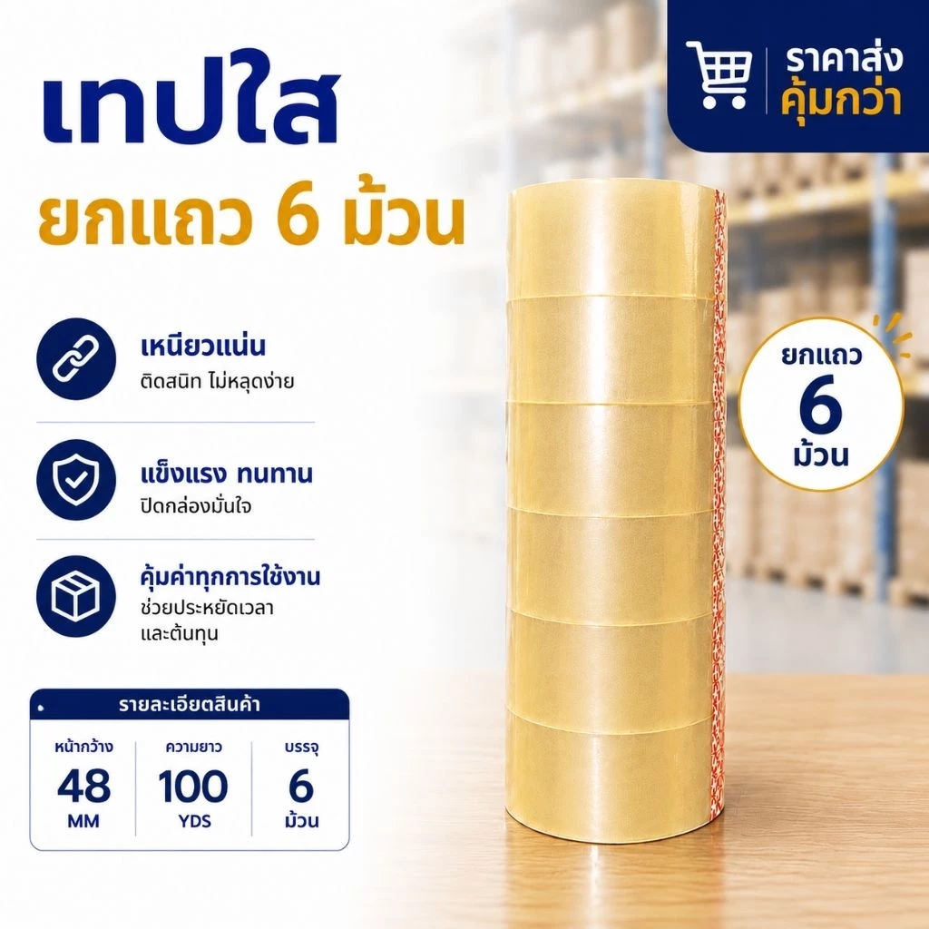 ราคาส่ง เทปใส กว้าง 2นิ้ว ยาว 100หลาเต็ม แพ็ค6ม้วน