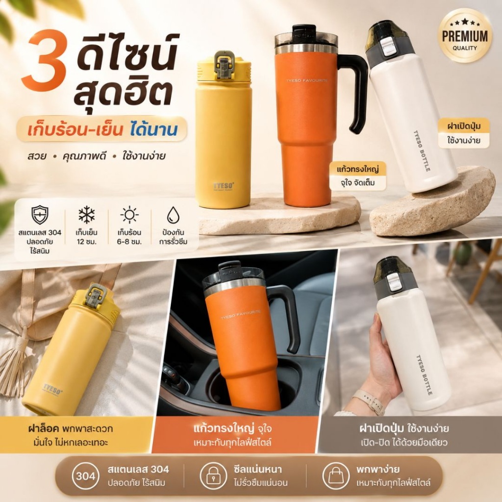 TYESO แก้วเก็บอุณหภูมิ 3 ดีไซน์สุดฮิต เก็บร้อนเย็นได้นาน สแตนเลส 304 พกพาง่าย