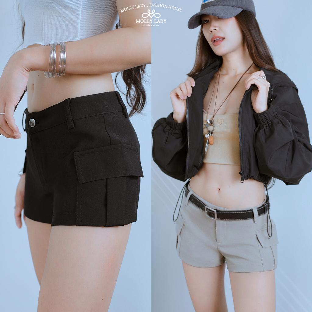 Molly Lady ❤️ Cargo Shorts กางเกงขาสั้นเอวต่ำทรงคาร์โก้ มีกระเป๋าข้างพร้อมเข็มขัดหนัง  Low-waisted