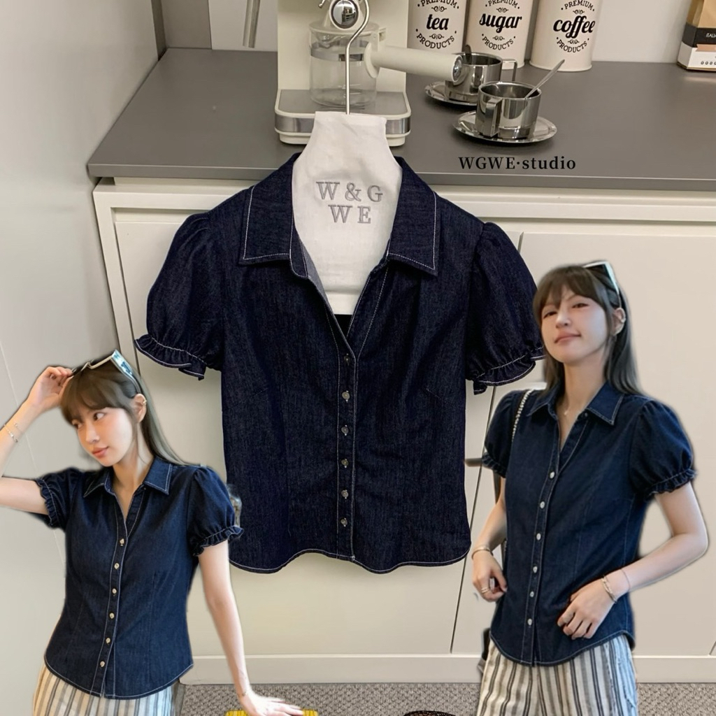 📍พร้อมส่ง📍9649# เสื้อยีนแขนสั้นคอปก งานกระดุมหน้า เนื้อผ้ายีนอย่างดี งานสวย TAG:WG.WE 🇰🇷