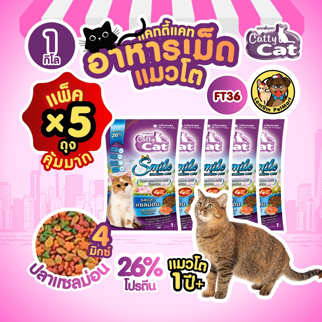 (Promotion X 5 ถุง)(FT36) CattyCat 4 MIX อาหารเม็ดแมวโต รสปลาแซลม่อน 1 KG.โปรตีน 26% มีโอเมก้า 3,6