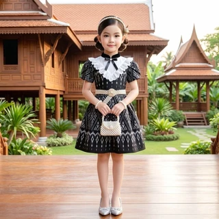 ชุดไทยเด็ก รุ่นมินิเดรสลูกสาว งานผ้าฝ้ายพิมพ์ลาย