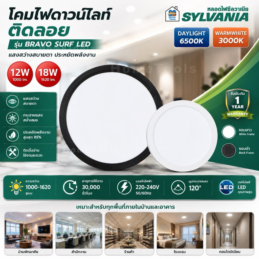 SYLVANIA ดาวน์ไลท์ติดลอย รุ่น BRAVO SURF LED 12W 18W แสงขาว แสงวอร์ม ขอบขาว ขอบดำ โคมไฟทรงกลม