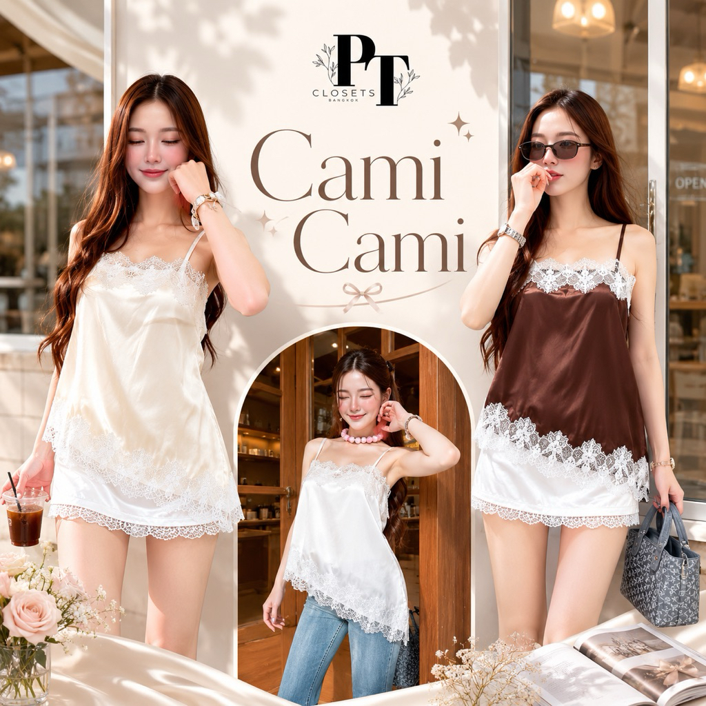 ✔️พร้อมส่ง✔️ เสื้อสายเดี่ยว ปรับสายผ้าซาตินเนื้อเงา มีซับในทั้งตัว แต่งลูกไม้ชายเฉียง #CB