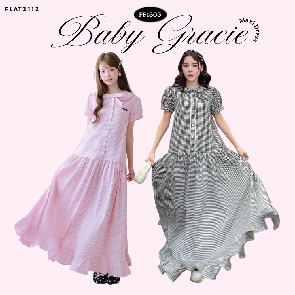 FLAT2112 : BABY GRACIE MAXI DRESS เดรสยาวลายสก็อต, ชุดเดรสคุณหนู, เดรสยาวแขนตุ๊กตา,เดรสออกงาน,เดรสใส่ไปเที่ยว (FF1303)