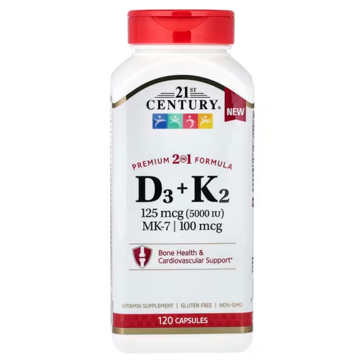 [ของแท้ 100%] 21st CENTURY VITAMIN D3 K2 125 mcg (5000 IU) MK-7 100 mcg 120 CAPSULES