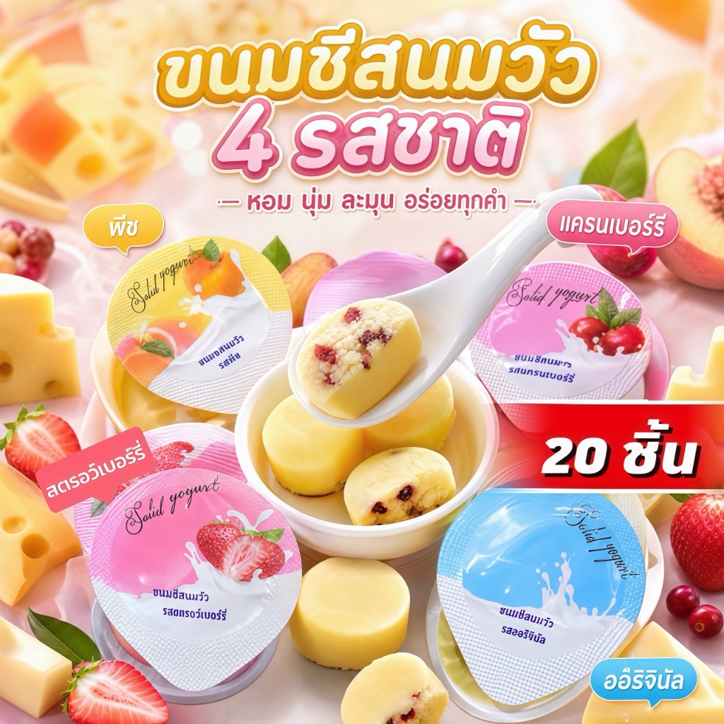 (20 ชิ้น) ขนาด 110 กรัม ชีส | มี 3 รสชาติให้เลือก | รสนมเข้มข้น รสชาติกลมกล่อม ขนมหวานสไตล์อเมริกัน