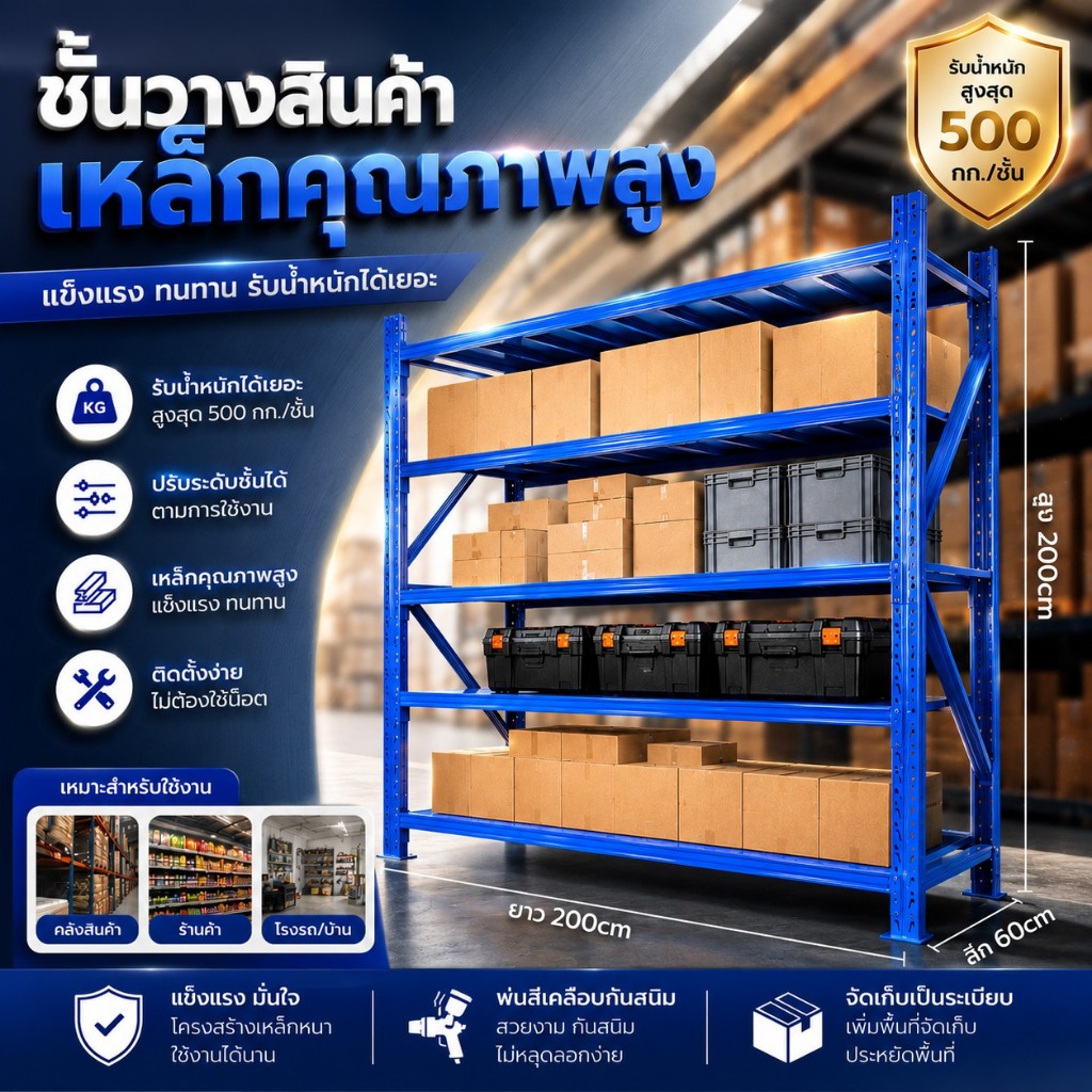 ชั้นวางของขนาดใหญ่ 4ชั้น 200 * 200 * 60 รับน้ําหนัก 250 กก.แข็งแรง ทนทาน ชั้นวางในโกดัง ชั้นวางของ ร้านค้า（สินค้าขายดี）