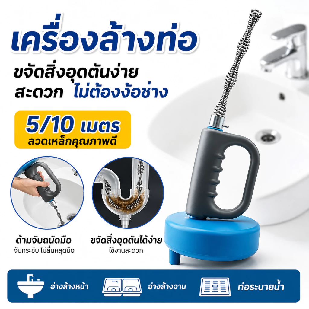 【งูเหล็กทลวงท่อ】 งูเหล็ก งูเหล็กยาว5/10/เมตร แก้ท่อตัน ท่อตัน ส้วมตัน เครื่องลดปัญหาท่อระบายน้ำอุดตัน
