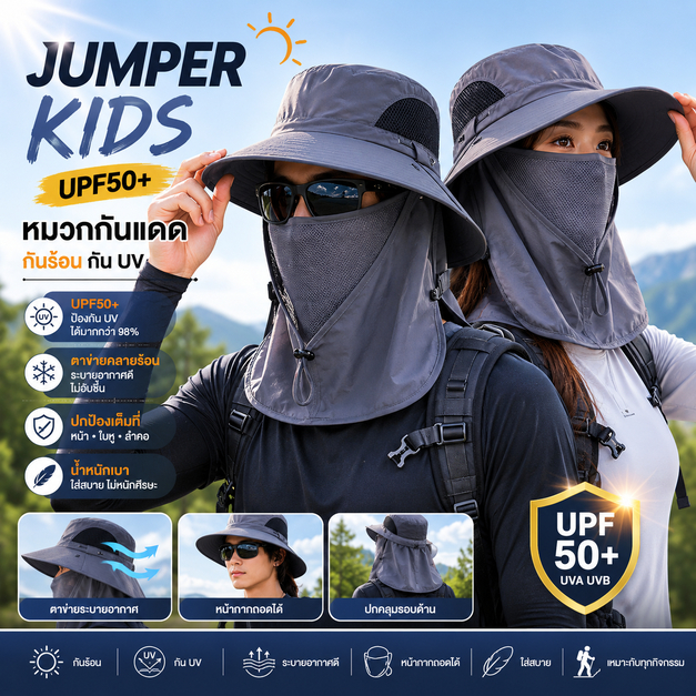 Jumper Kids หมวกกันแดด กันร้อน กัน UV ตาข่ายคลายร้อน หน้ากากถอดได้