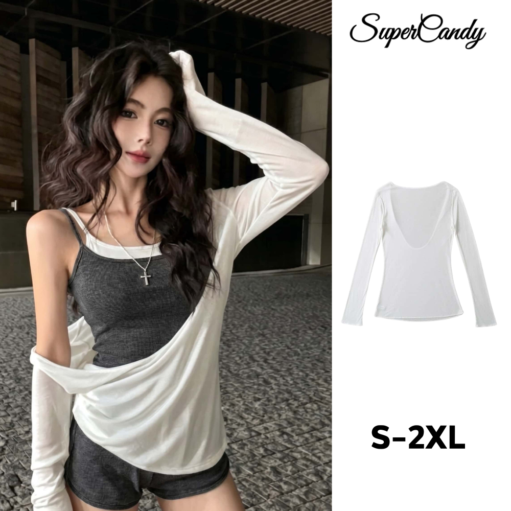 SuperCandy เสื้อแขนยาวคอ U กว้าง ทรงหลวม เสื้อคลุมถักกันแดง สำหรับสวมทับเสื้อสายเดี่ยว ผู้หญิง ฤดูร้อน