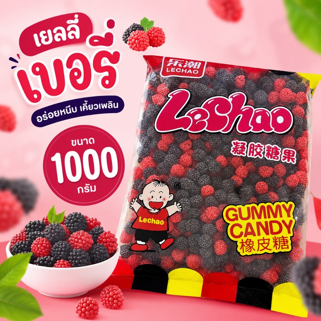 เยลลี่เบอร์รี่เกร็ด ดำ-แดง Lechao 1 กิโล